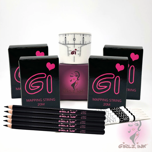 Girlz Ink brow mapping kit with mapping string, brow pencils, ruler, and measuring cup