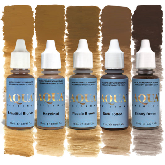 Li Pigments Aqua Original Ambers Brow Starter Kit with five pigment bottles—Beautiful Blonde, Hazelnut, Classic Brown, Dark Toffee, and Ebony Brown—shown with matching color swatches for eyebrow tattoo and permanent makeup use.