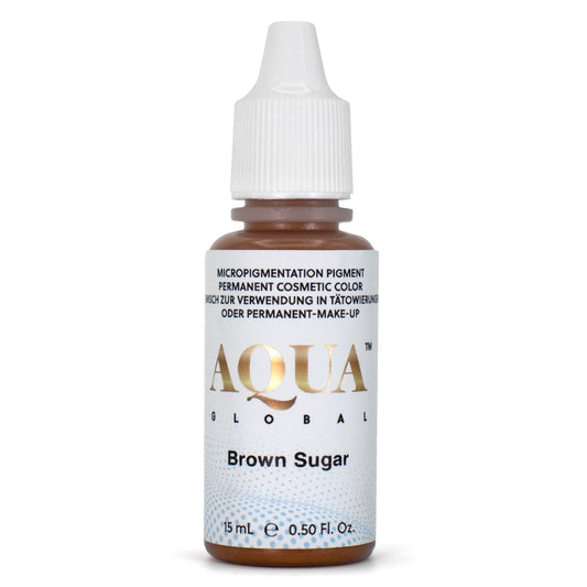 Aqua Global Brown Sugar PMU pigment bottle, light-medium warm brown for natural brow results.