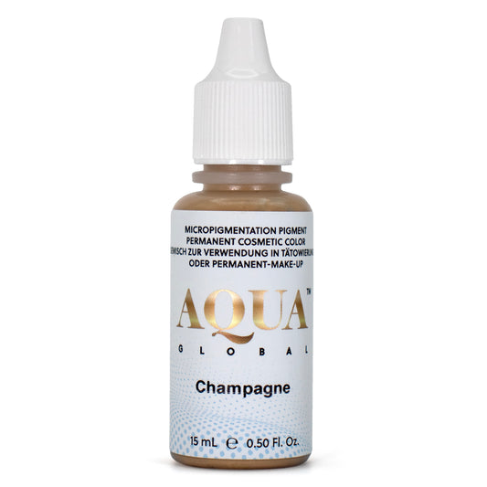 Aqua Global Champagne pigment bottle for permanent makeup. Light warm blonde tone perfect for clients with fair hair.
