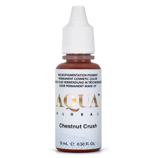 Aqua Global Chestnut Crush pigment bottle for PMU artists. Warm red-based brown great for enhancing rich brown brows.