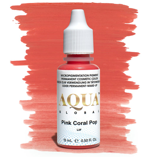 Bottle of Aqua Global Pink Coral Pop PMU lip pigment with a coral pink brushstroke background. Bright, warm coral permanent makeup pigment ideal for lively lip blush results.