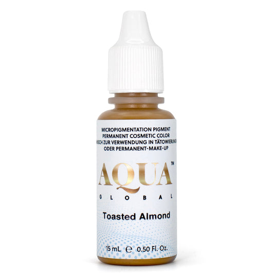 Aqua Global Toasted Almond PMU pigment bottle. A warm, soft brown ideal for light to medium blondes.