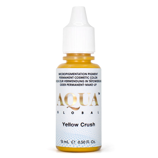 Aqua Global Yellow Crush corrector pigment bottle for neutralizing purple, violet, or cool brows in PMU work.