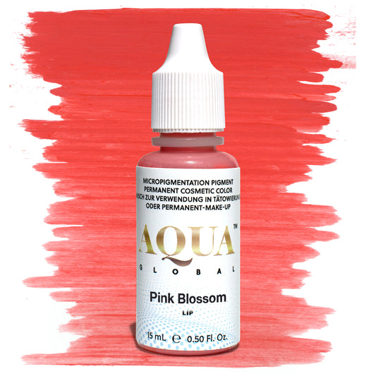 lose-up of an Aqua Global Pink Blossom pigment bottle with a bright pink swatch in the background. A soft, cool-toned pink lip pigment designed for permanent makeup and lip blush procedures, offering a fresh, natural tone from the Aqua Lip collection by Girlz Ink