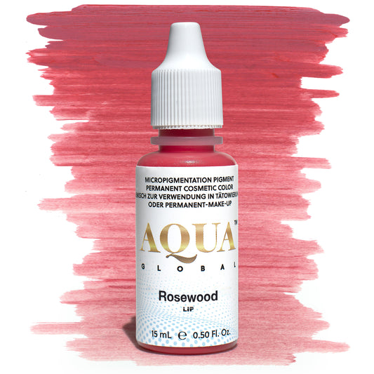 Close-up of an Aqua Global Rosewood pigment bottle with a deep rose-pink swatch in the background. A rich, cool-toned lip pigment designed for permanent makeup and lip blush procedures, part of the Aqua Lip collection by Girlz Ink.