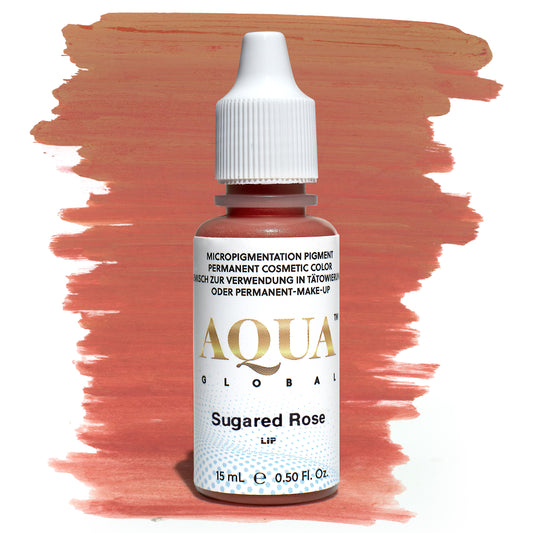 Close-up of an Aqua Global Sugared Rose pigment bottle displayed in front of a coral lip color swatch. A warm, medium coral-pink permanent makeup pigment designed for lip blush and micropigmentation procedures, part of the Aqua Lip pigment line by Girlz Ink.