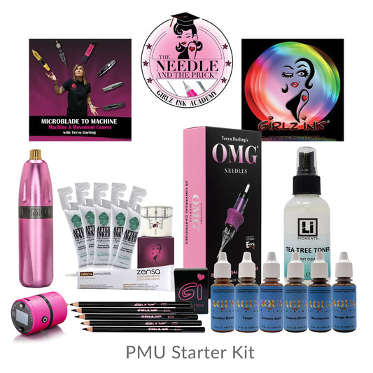 Girlz Ink PMU Starter Kit featuring the Microblade to Machine course by Teryn Darling, Aqua Pigments, OMG Needles, PMU machine, Tea Tree Toner, Zensa numbing cream, and mapping pencils for beginner permanent makeup artists.