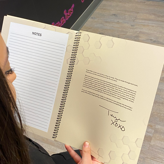 ack pages of Beyond the Epidermis PMU color theory workbook showing notes section and signed message from Teryn Darling