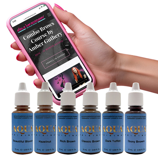 Aqua Brow PMU pigment bundle featuring five eyebrow shades displayed beside a hand holding a smartphone showing the Combo Brows course by Amber Guthery on the Girlz Ink website.