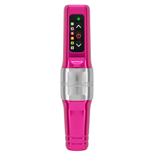 Pink Flux Mini Bubblegum wireless permanent makeup machine with adjustable voltage controls.