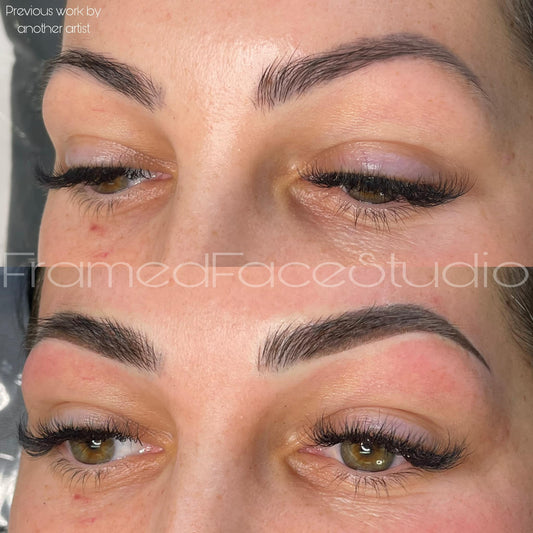 Before and after photo of a client’s brows corrected and enhanced using Navajo Brown pigment from the Li Pigments Aqua collection, work by PMU artist Brittany Burr at Framed Face Studio showing soft neutral brown tone and balanced healed results