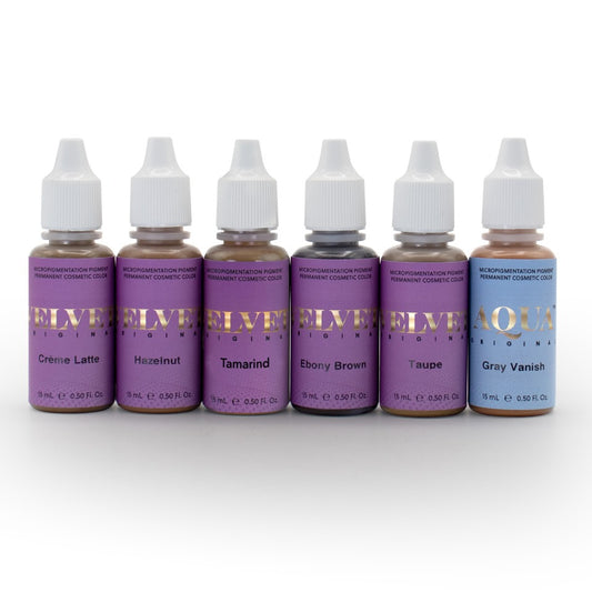 Set of six Velvet and Aqua microblading pigments including Creme Latte, Hazelnut, Tamarind, Ebony Brown, Taupe, and Gray Vanish, displayed on a white background.