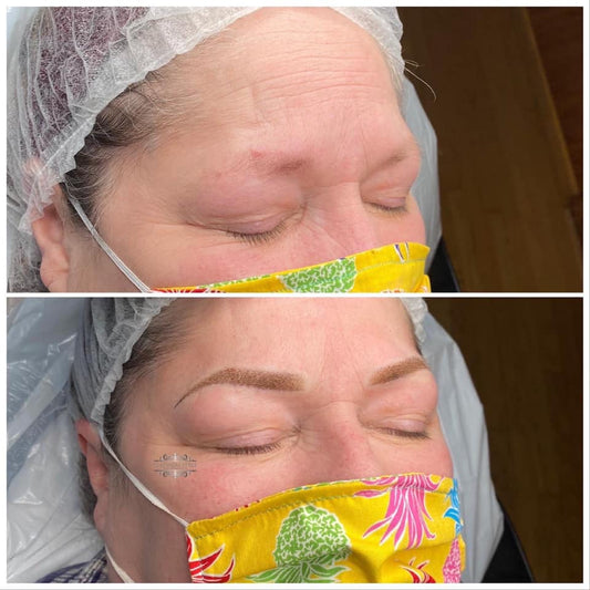 Healed brow result by Amanda Benavidez using Aqua Beautiful Blonde with two drops of Navajo Brown – warm, defined blonde brows.