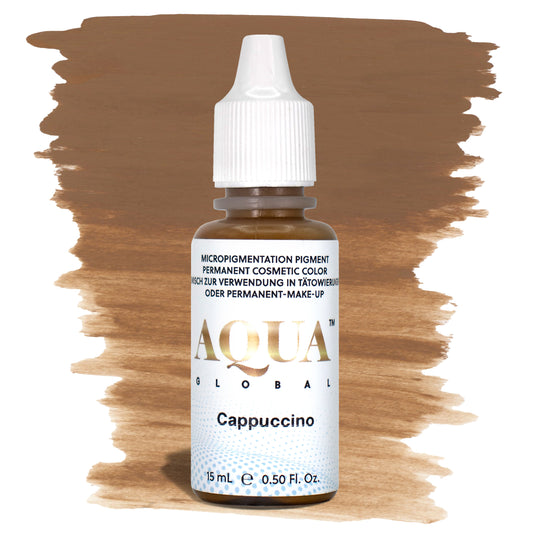 Aqua Cappuccino PMU brow pigment in a neutral medium brown shade, ideal for soft natural eyebrow shading on light to medium Fitzpatrick skin types