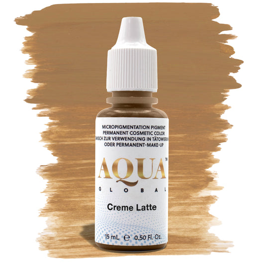Aqua Creme Latte PMU brow pigment in a soft blonde/light brown shade, ideal for natural eyebrow shading on fair or Fitzpatrick 1–2 clients with light hair.