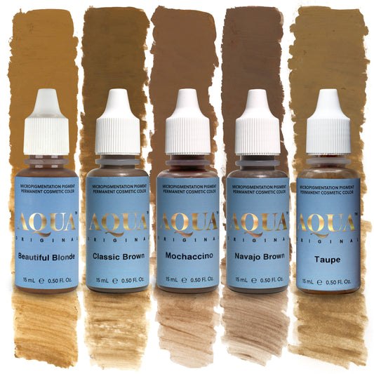 Aqua Global hybrid brow pigment collection featuring Beautiful Blonde, Classic Brown, Mochaccino, Navajo Brown, and Taupe, offering light to medium brow shades for permanent makeup artists across multiple undertones.