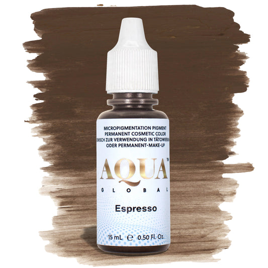 Aqua Global Espresso hybrid PMU brow pigment in a deep neutral brown shade, ideal for rich brunette brows on Fitzpatrick 4–6 with stable undertones and strong healed retention.