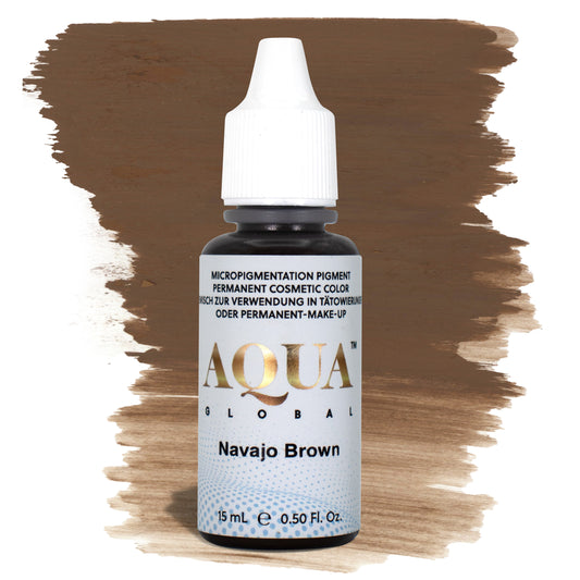 Aqua Global Navajo Brown hybrid PMU brow pigment in a neutral-warm medium brown shade for natural brow enhancement on Fitzpatrick 2–4 skin types.