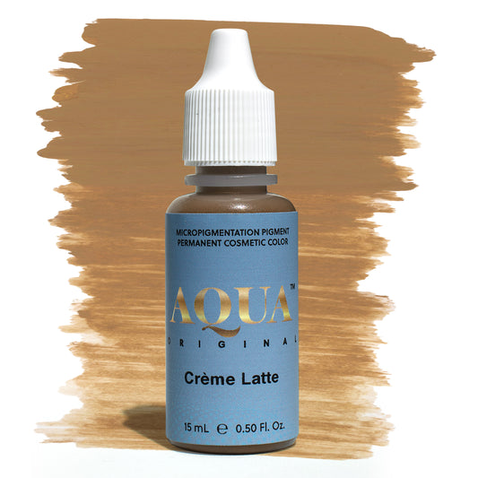 Aqua Original Crème Latte micropigmentation pigment bottle with a neutral light brown color swatch on a white background – a versatile PMU brow pigment for clients with fair to medium skin tones seeking soft, balanced results.