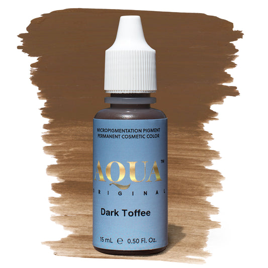 Aqua Original Dark Toffee micropigmentation pigment bottle with a warm medium-dark brown color swatch on a white background – a rich PMU brow pigment designed for clients with medium to deep skin tones seeking warmth and depth.