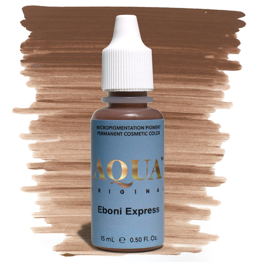 Aqua Original Eboni Express micropigmentation pigment bottle with a deep brown color swatch on a white background – a rich, cool-toned PMU pigment formulated for creating defined, dark brows on deeper skin tones.