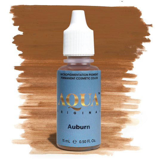 Aqua Auburn PMU pigment bottle with brown swatch – warm, reddish-brown permanent makeup pigment ideal for clients with auburn hair or warm undertones.