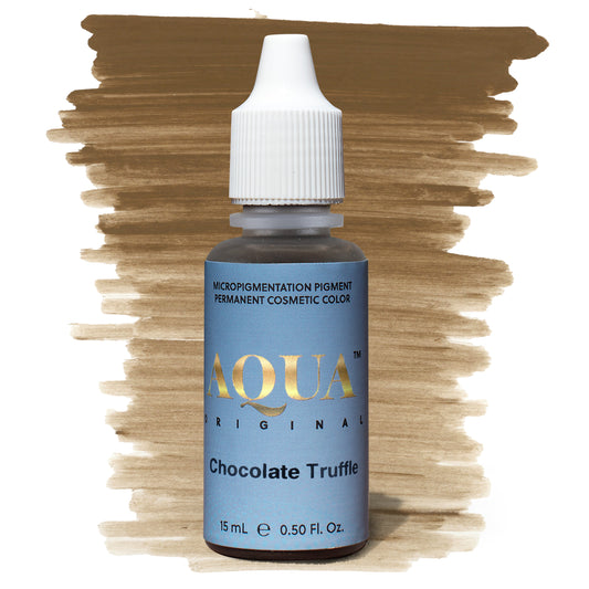 Aqua Chocolate Truffle PMU pigment bottle with brown swatch – deep, warm brown permanent makeup pigment ideal for medium to dark brows with natural dimension.