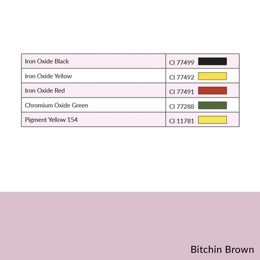 Bitchin' Brown OMG Brow Pigment CI chart listing ingredients like iron oxide black, red, yellow, and green.
