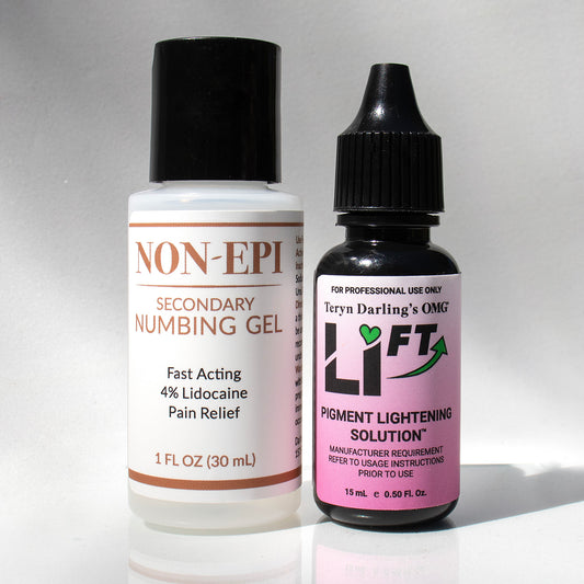 Li-FT Pigment Lightening Solution and Non-Epi Secondary Numbing Gel – professional PMU removal and pain relief combo for permanent makeup artists.