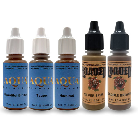 Set of five PMU eyebrow pigments including Aqua Original Beautiful Blonde, Taupe, Hazelnut, and Loaded Silver Spur and Saddle Brown shades. - For Mature Women Clientele PMU.