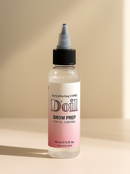 Clear and pink-labeled bottle of Teryn Darling’s OMG D’oil Brow Prep for PMU skin prep on a soft beige surface.