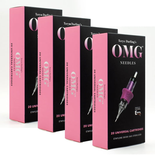 Teryn Darling’s OMG Needles for PMU and tattoo machines, featuring 20 universal cartridges per box in pink and black packaging, displayed in a lineup.