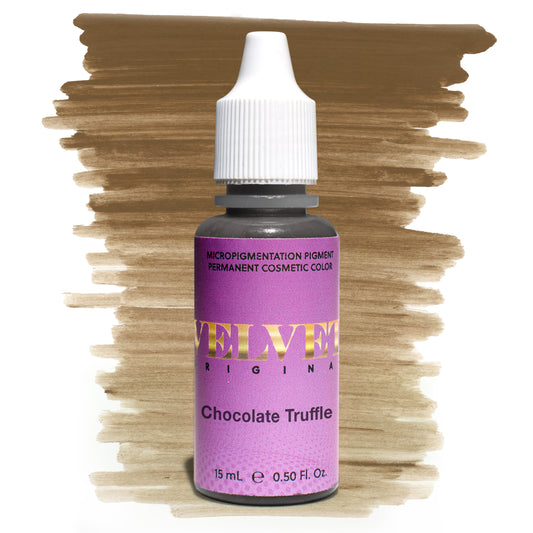 Bottle of Velvet Original Chocolate Truffle micropigmentation pigment with a dark brown brushstroke swatch on a white background, ideal for medium to dark brown permanent makeup brows.
Recommended file name: