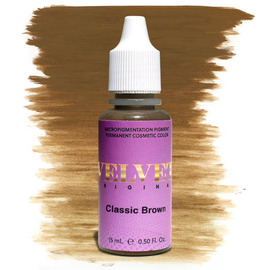 Bottle of Velvet Original Classic Brown micropigmentation pigment with a medium brown brushstroke swatch on a white background, ideal for natural-looking permanent makeup brows.
