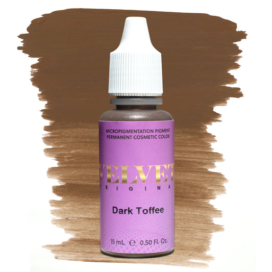 Bottle of Velvet Original Dark Toffee micropigmentation pigment with a deep neutral brown brushstroke swatch on a white background, ideal for rich brunette and dark blonde permanent makeup brows.