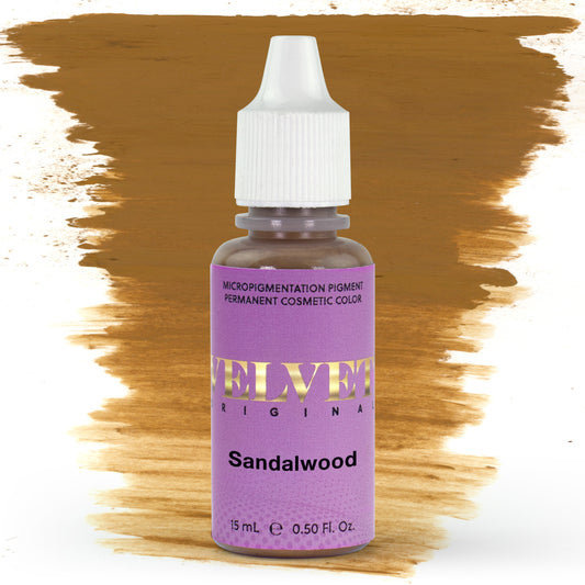 Bottle of Velvet Original Sandalwood micropigmentation pigment with a golden-brown brushstroke swatch on a white background, ideal for natural medium brown permanent makeup brows.