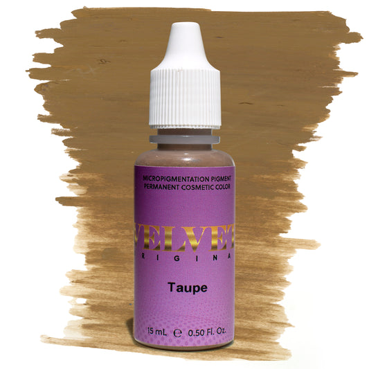 Bottle of Velvet Original Taupe micropigmentation pigment with a soft, cool brown color swatch on a white background, ideal for creating natural, ash-toned brows in permanent makeup.