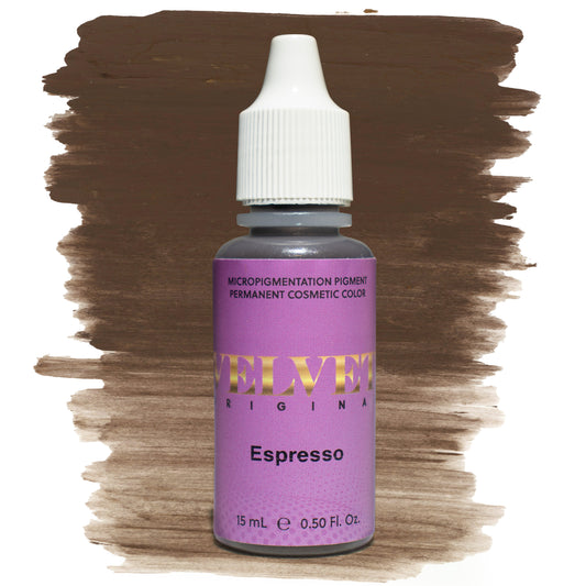 Bottle of Velvet Regina Espresso micropigmentation pigment with a deep espresso brown color swatch on a white background, ideal for defining brows and enhancing brunette or black-haired clients.