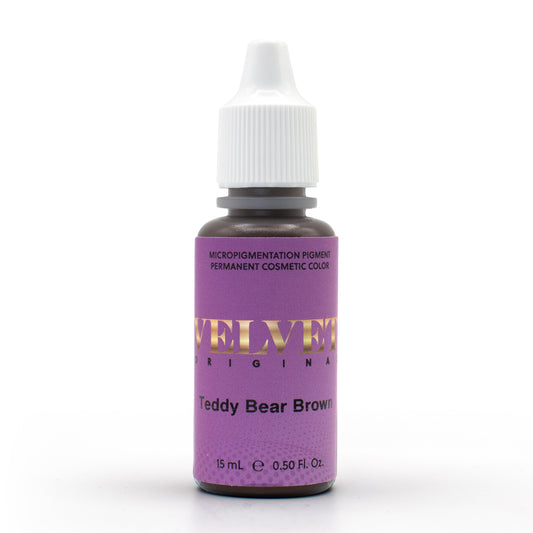 Li Pigments Velvet Original Teddy Bear Brown pigment, a dark, neutral brown PMU pigment for brows on Fitz 3–5 skin tones brought to you by Girlz Ink