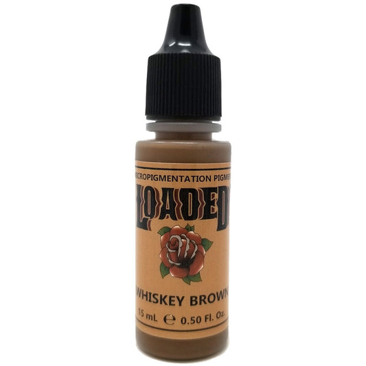 Loaded Pigment Whiskey Brown 15ml bottle, ideal for permanent makeup brows and top PMU artists' favorite warm brown.