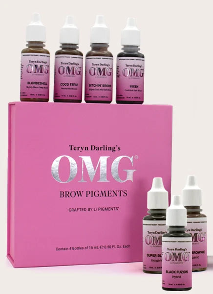 Teryn Darling’s OMG Brow Pigments — professional PMU pigment set for brows. High-performance, true-to-heal pigment collection available at Girlz Ink.