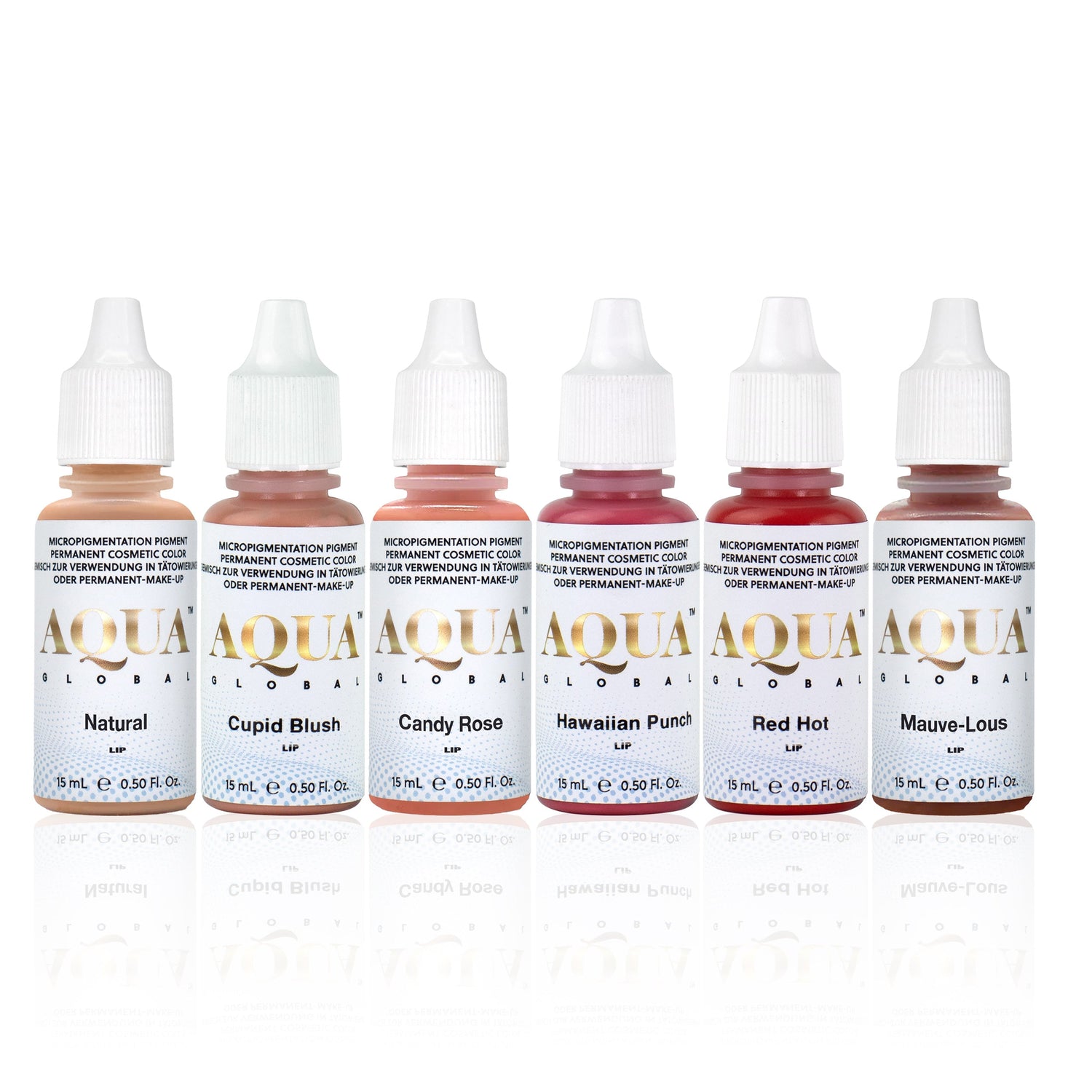 Aqua Global pigment bottles by Li Pigments – REACH-compliant PMU pigments for brows, lips, eyeliner, and scalp micropigmentation with rich, long-lasting color.