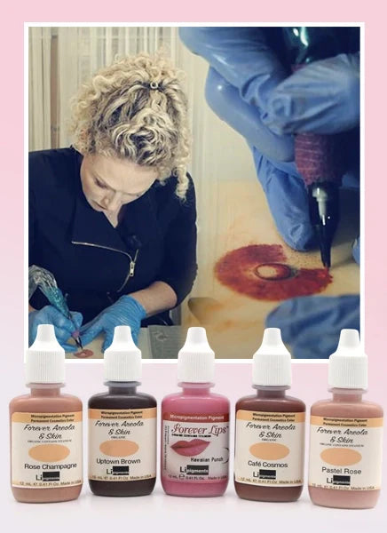 Areola pigment collection from Girlz Ink shown beneath an artist performing areola tattooing—professional PMU pigments for realistic areola restoration and paramedical tattoo work.
