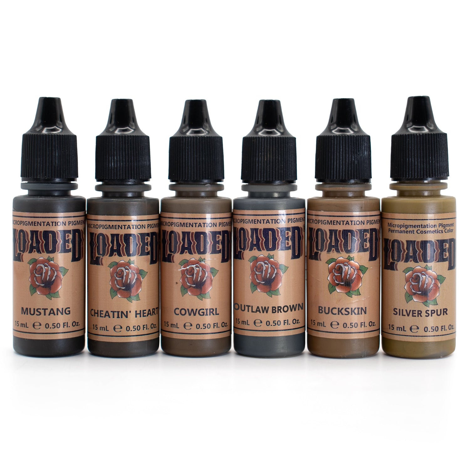 Li Pigments Loaded Series organic PMU brow pigments – professional permanent makeup pigment bottles in warm and neutral brown tones for soft, long-lasting healed results.