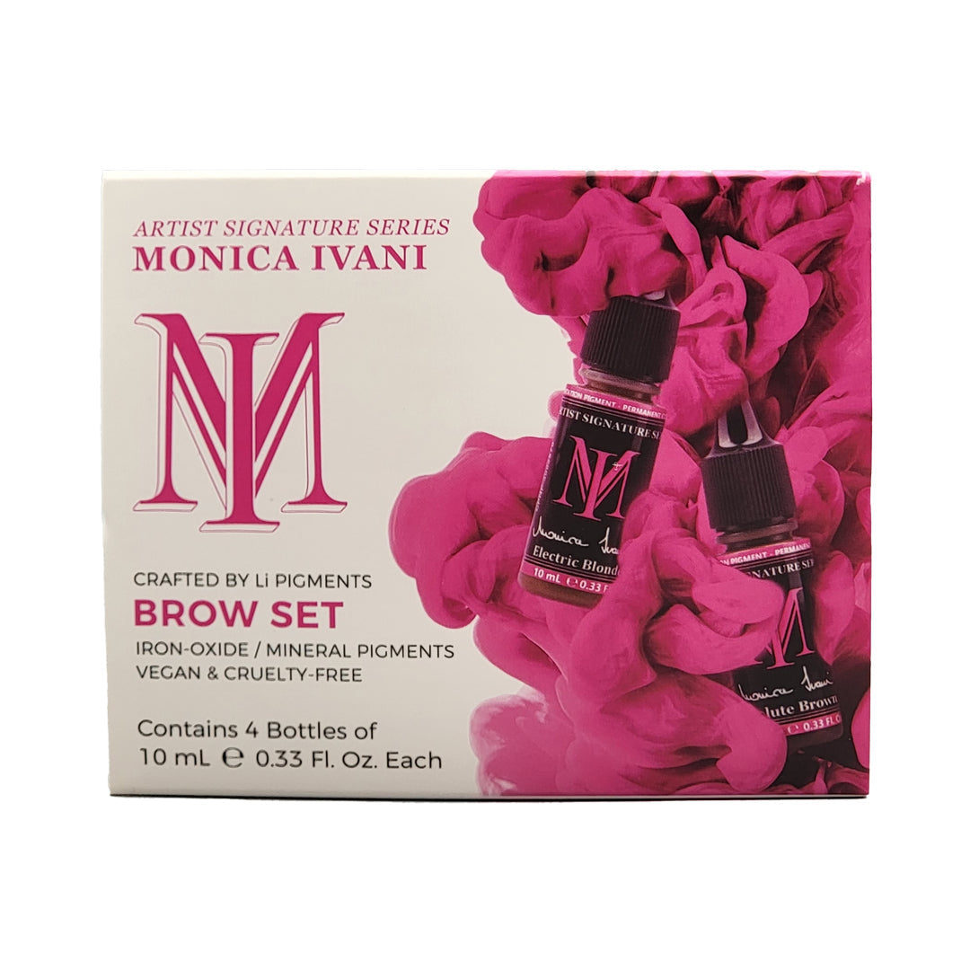 Monica Ivani Signature Series Brow Set by Li Pigments – professional PMU brow pigment bottles with vibrant pink packaging, crafted for natural, long-lasting healed results.