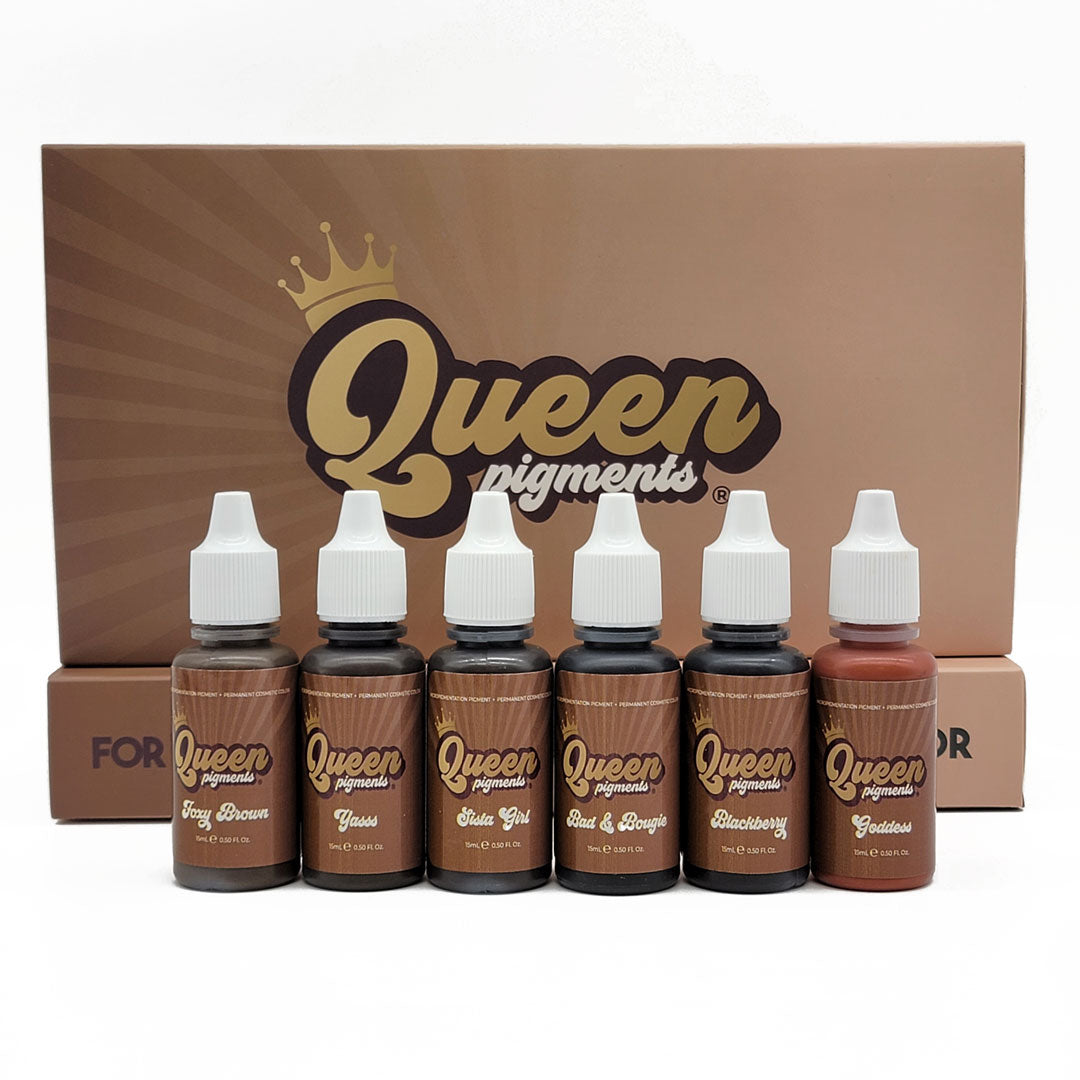 Queen® Pigments by Li Pigments — organic PMU brow pigment set for melanin-rich skin tones, Fitzpatrick 3–6. Shown in full collection packaging from Girlz Ink.