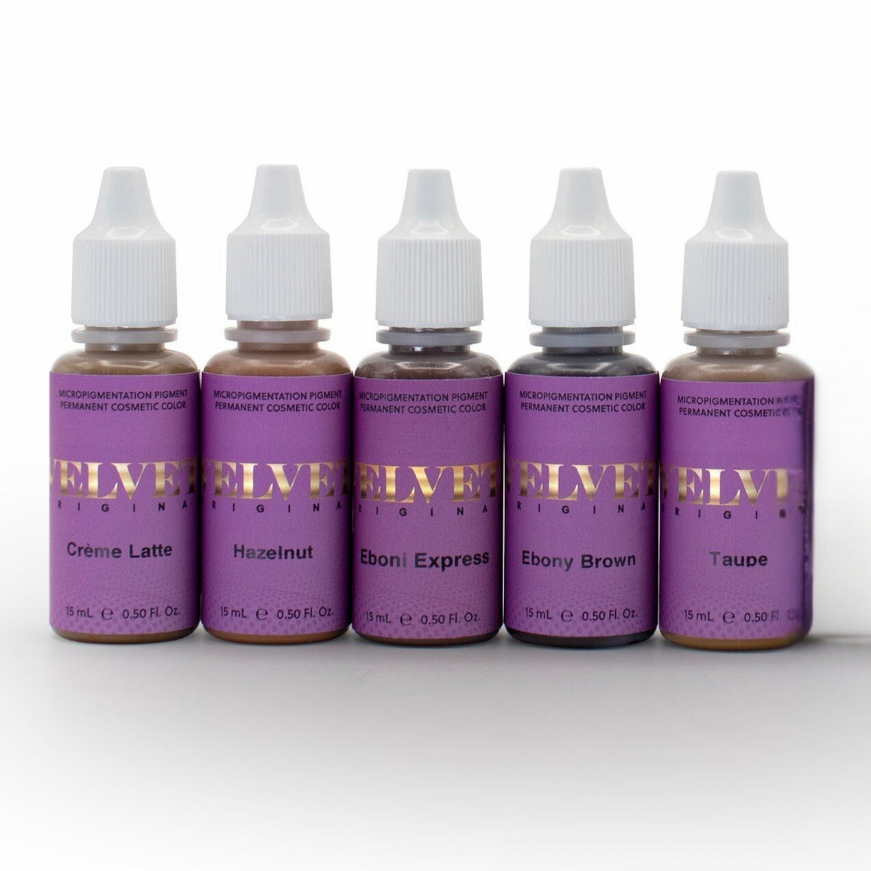 Li Pigments Velvet Series microblading and PMU pigments in shades Crème Latte, Honey Espresso, Ebony Brown, and Taupe. Professional permanent makeup pigments available at Girlz Ink PMU supplies