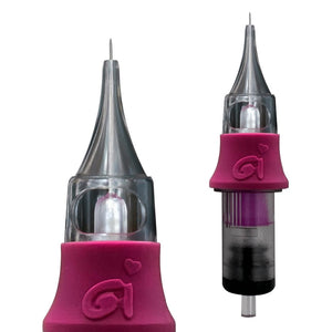 Close-up of OMG PMU 1201RL needle cartridge featuring a 0.35mm single pin round liner with polished long taper for precise permanent makeup application.