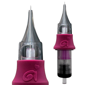 OMG PMU 3RL 0.25mm round liner cartridge needles shown side by side, polished long taper for permanent makeup.